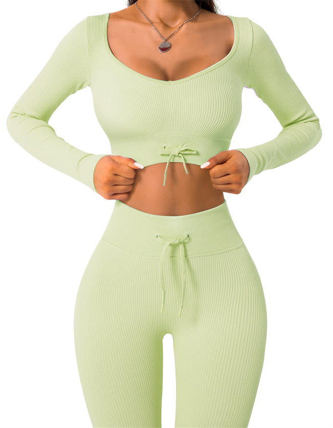 Women 2 Piece Workout Sets Seamless Ribbed High Waist Leggings with Long Sleeve Crop Top Sportswear Yoga Outfits